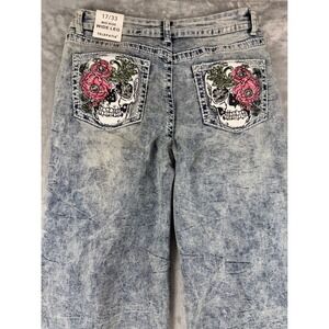 New Women's Mid Rise Wide Leg Jeans Skull Embroidered Acid Wash Bootcut  17/33